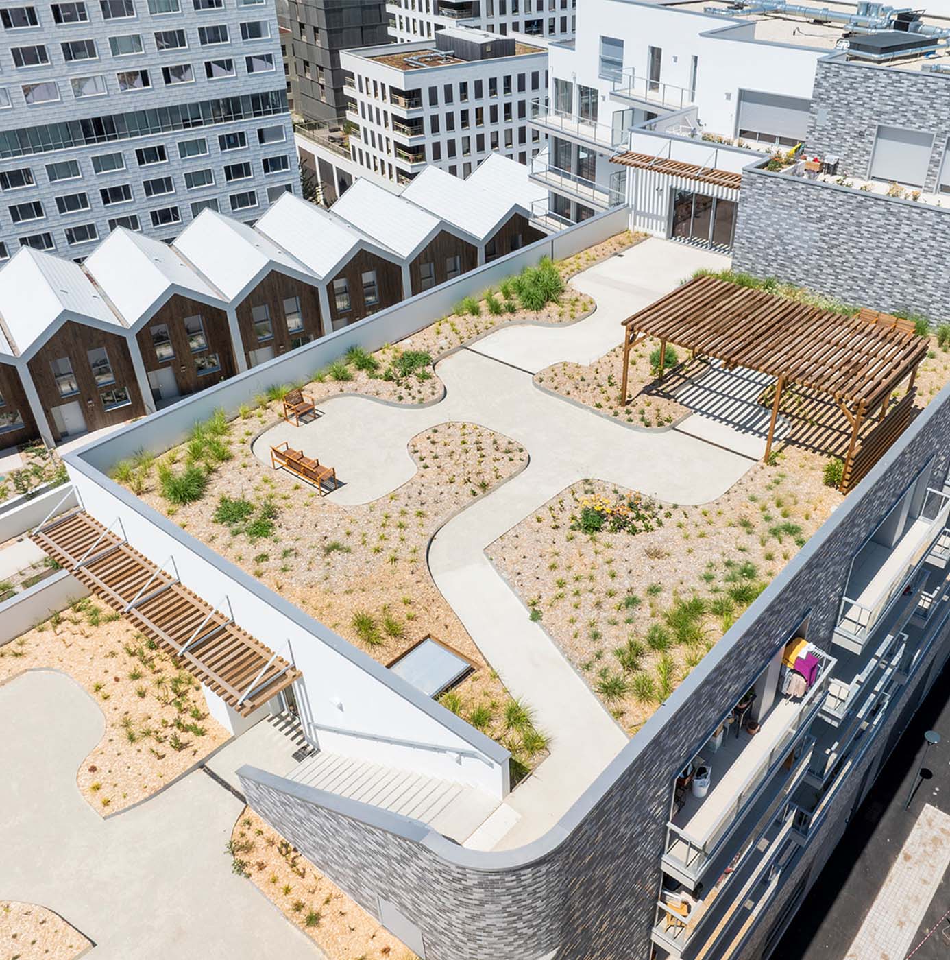 Begrünte Dachterrasse mit geschwungenen Wegen, Gräsern, Sitzbänken und Holzpergola in urbaner Umgebung
