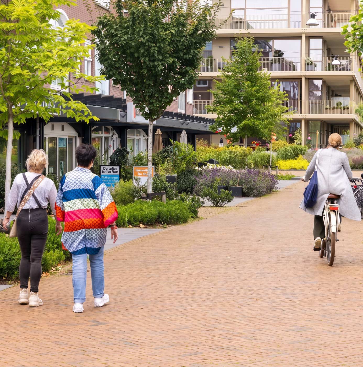 Fußgänger und Radfahrerin auf gepflastertem Weg mit gepflegten Staudenbeeten zwischen Wohngebäuden