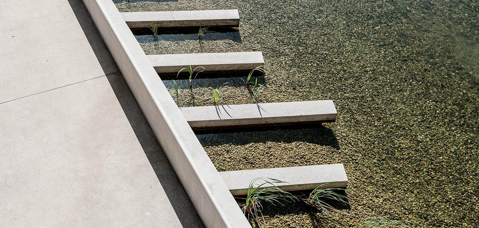 Betonstege im Kiesbeet mit Wasserpflanzen, moderne Landschaftsarchitektur an Wasserfläche