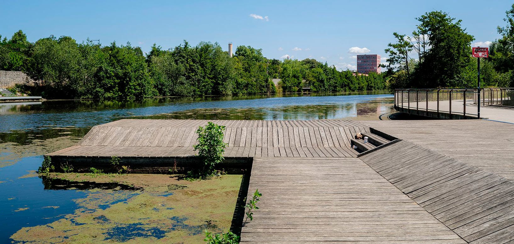 Holzsteg am Flussufer mit Grünanlage, Bäumen und Skyline im Hintergrund