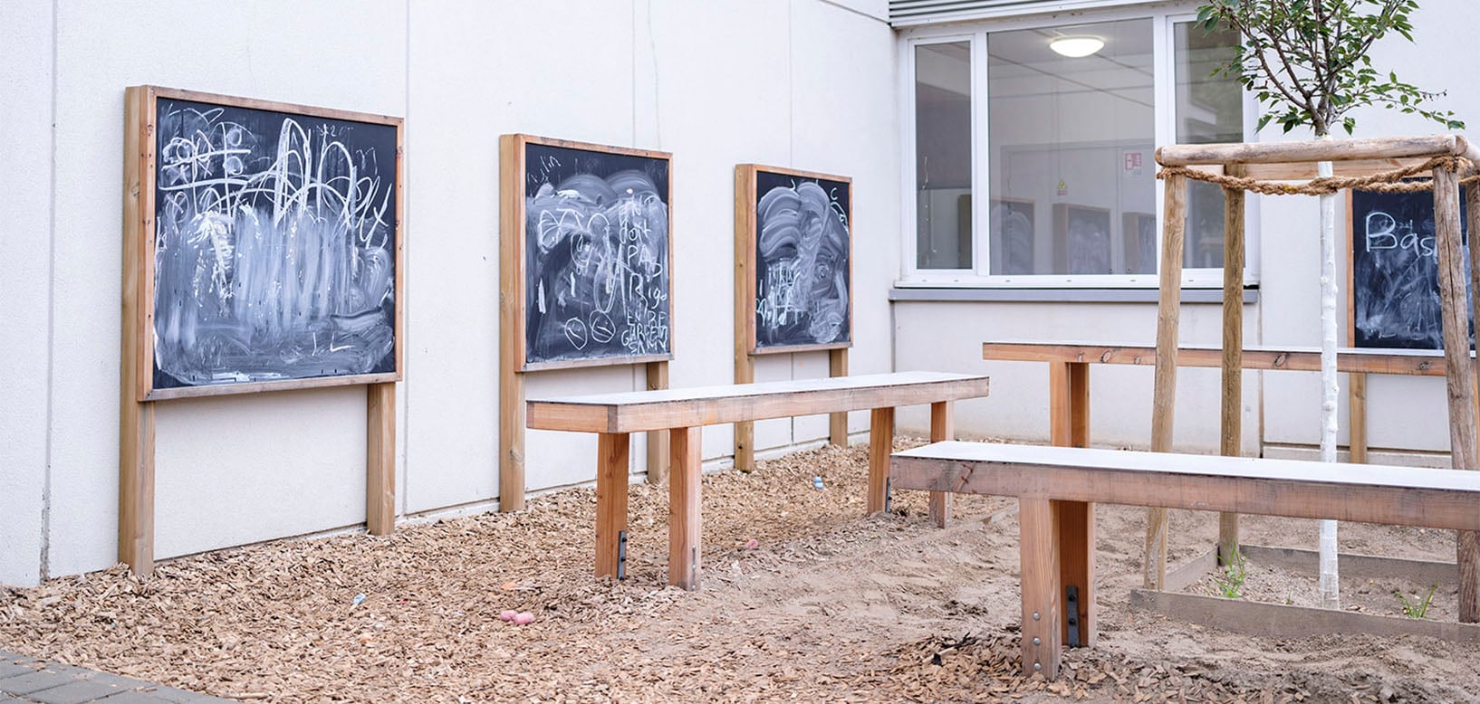 Kreidetafeln und Holzbänke auf Rindenmulch im Schulhof, gestaltet von idverde